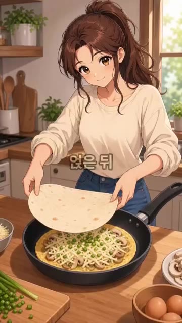 볶은 버섯 위에 계란 3개를 풀어 팬 전체에 넓게 펼쳐줍니다. — 원팬 또띠아 치즈 폭탄 토스트 만들기