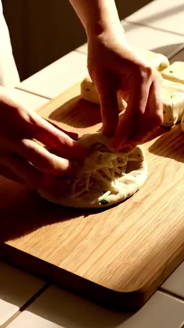 반죽을 납작하게 만들어 가운데 모짜렐라 치즈를 넣고 감싼다. — 버터치즈감자