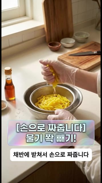 채반에 단무지를 올리고 손으로 물기를 꼭 짜줍니다. 물기를 짜야 꼬… — 단무지 그냥 드시지 마세요! 딱 5가지 재료로 고소함 폭발하는 초간단 단무지무침 2가지 버전