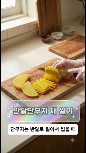 통 단무지는 반달 모양으로 썰어줍니다. 이렇게 썰면 식감이 더 좋아요. — 단무지 그냥 드시지 마세요! 딱 5가지 재료로 고소함 폭발하는 초간단 단무지무침 2가지 버전