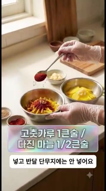 꼬들단무지에는 고춧가루 1큰술과 다진 마늘 1/2큰술을 넣습니다. — 단무지 그냥 드시지 마세요! 딱 5가지 재료로 고소함 폭발하는 초간단 단무지무침 2가지 버전