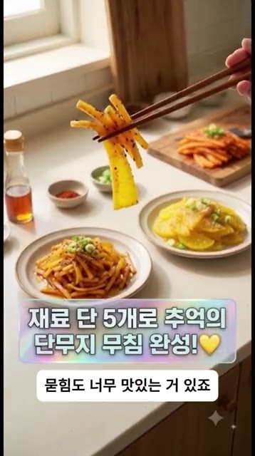 재료 단 5가지로 추억의 단무지무침 완성! 노란 단무지도 꼬들단무지… — 단무지 그냥 드시지 마세요! 딱 5가지 재료로 고소함 폭발하는 초간단 단무지무침 2가지 버전