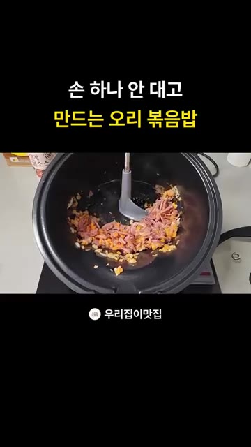 오리고기 기름이 나오고 재료가 볶아지는 것을 볼 수 있습니다. 5분… — 롤팬으로 만드는 초간단 훈제오리 볶음밥 레시피 (손 안 대고 요리하기)