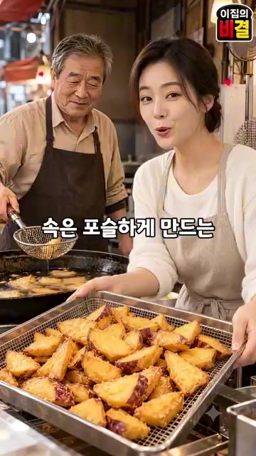 다시 1~2분 더 튀겨 겉을 바삭하게 만들어줍니다. — 겉바속촉 고구마맛탕 시장 사장님 비법