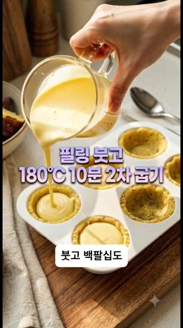 1차로 구워진 타르트지에 필링을 가득 채운 뒤, 180°C 오븐에서… — 밀가루 0g! 고구마로 만드는 초간단 다이어트 에그타르트