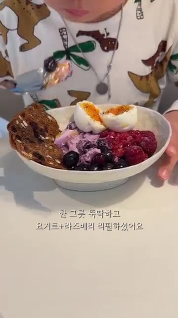 준비된 아침 식사를 맛있게 먹는다. — 홈메이드 블루베리 그릭 요거트
