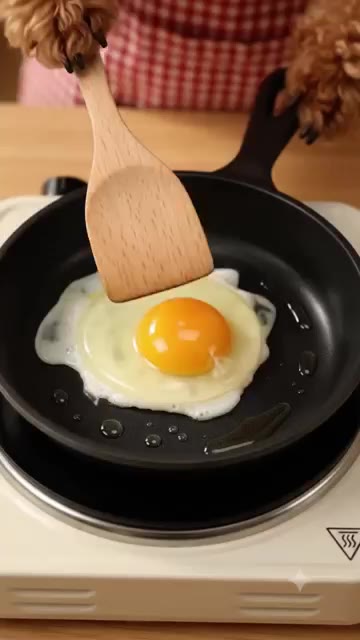 팬에 계란을 넣고 반숙으로 익혀줍니다. — 3분 완성! 귀여운 푸들 셰프의 실패 없는 계란 간장버터밥