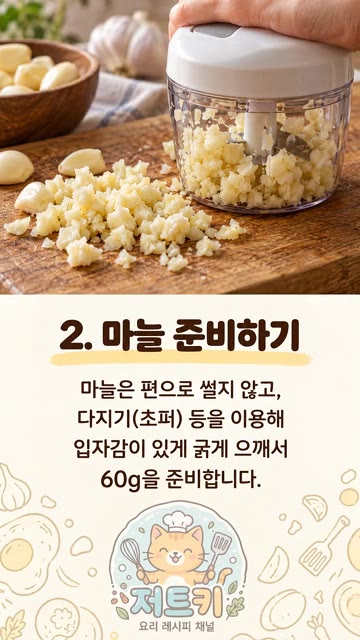 마늘은 다지기(초퍼) 등을 이용해 입자감이 있게 굵게 으깨서 준비합니다. — 라면 수프 넣었더니 미쳤다... 류수영 버터감바스 레시피