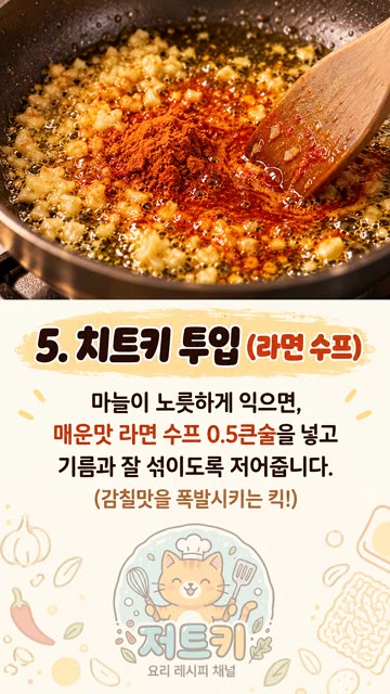 마늘이 노릇하게 익으면 매운맛 라면 수프 0.5큰술을 넣고 기름과… — 라면 수프 넣었더니 미쳤다... 류수영 버터감바스 레시피
