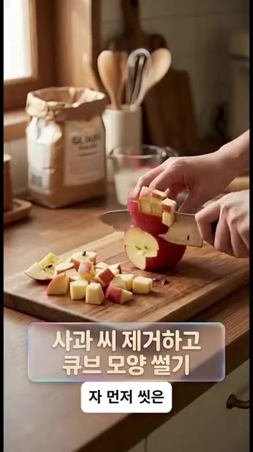 사과 씨 제거하고 큐브 모양 썰기 — 밀가루 없이 5분 만에 만드는 노버터 사과빵 🍎✨