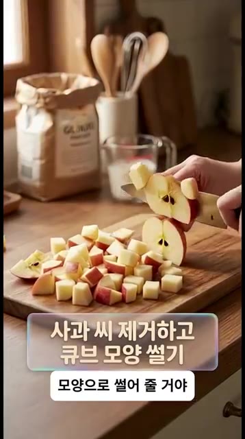 씨를 깔끔하게 제거하고 큐브 모양으로 썰어 줄 거야. 계란 두 개 넣고 — 밀가루 없이 5분 만에 만드는 노버터 사과빵 🍎✨