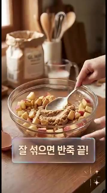 트레이에 종이호일, 반죽 붓기 — 밀가루 없이 5분 만에 만드는 노버터 사과빵 🍎✨