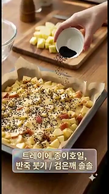 트레이에 종이 호일 깔고 반죽을 부어 준 다음에 검은 게 솔솔 뿌려… — 밀가루 없이 5분 만에 만드는 노버터 사과빵 🍎✨