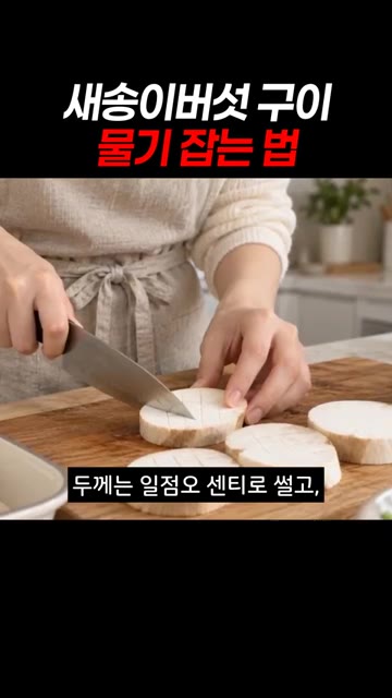 버섯을 1.5cm 두께로 썰어 얇게 격자 칼집을 내주세요. — 새송이버섯 구이 물기 잡는 법