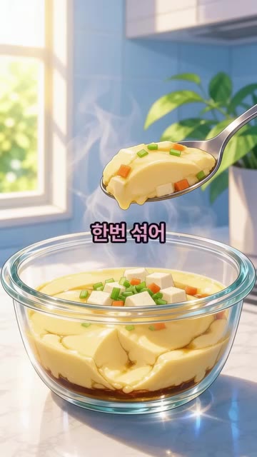 계란물에 참치액으로 감칠맛을 내고, 중간에 한번 섞어 두 번 나눠… — 전자레인지 두부 계란찜