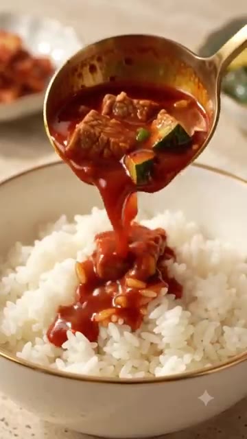 밥 위에 애호박 돼지고기 찌개를 넉넉히 담아낸다. — 얼큰한 애호박 돼지고기 찌개 레시피