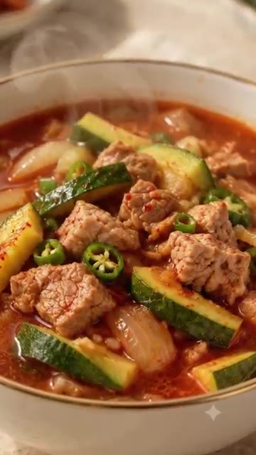 한 숟갈 크게 떠서 맛있게 먹는다. — 얼큰한 애호박 돼지고기 찌개 레시피