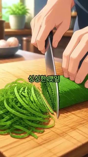 깻잎 10장을 돌돌 말아 가늘게 채 썰어 준비합니다. — 참치마요덮밥