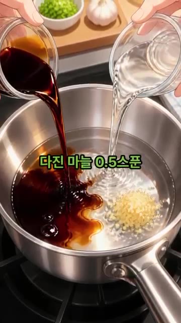 냄비에 진간장 2스푼, 다진 마늘 0.5스푼, 물 2스푼을 넣고 중… — 참치마요덮밥
