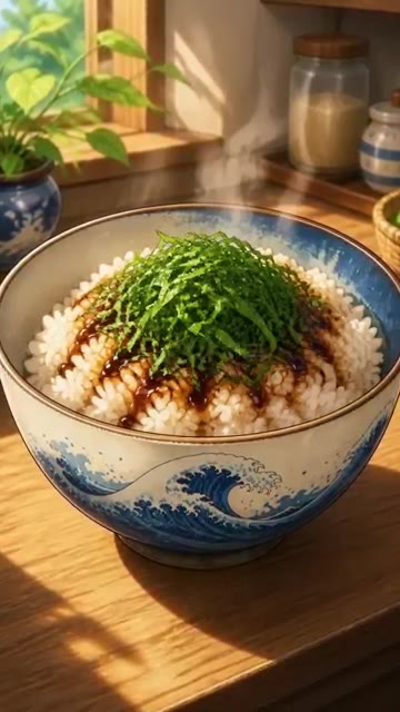 따뜻한 밥 위에 채 썰어 둔 깻잎을 수북하게 깔아줍니다. — 참치마요덮밥
