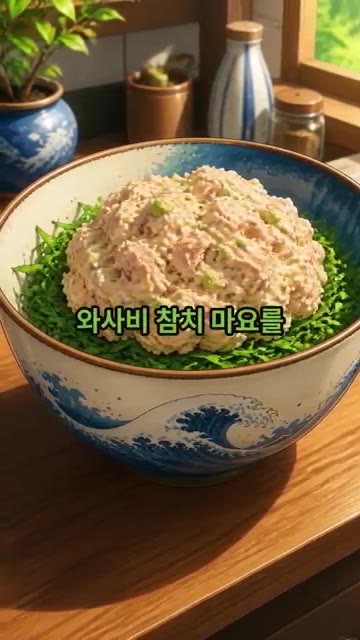 깻잎 위에 와사비 참치마요를 푸짐하게 올리고 계란 노른자 1개와 통… — 참치마요덮밥
