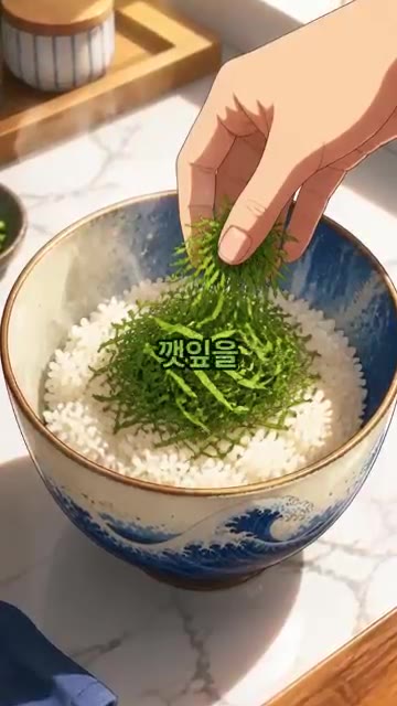 기름 뺀 참치에 마요네즈와 와사비를 살짝 섞고, 밥 위에 썰어둔 깻… — 참치마요덮밥