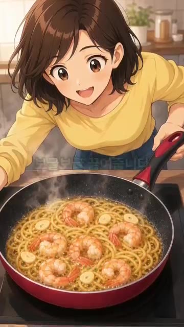 오동통한 새우 6마리와 슬라이스한 편마늘 5알을 듬뿍 넣어줍니다. — 원팬 알리오 올리오 파스타 레시피