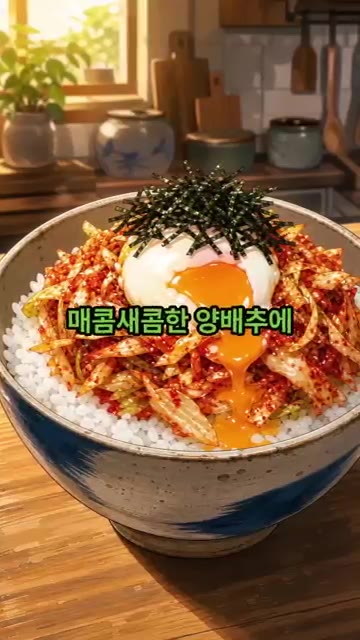 밥 위에 양배추 생채를 푸짐하게 올리고 반숙 계란 후라이 1개와 김… — 샐러드 대신 이거! 양배추 생채