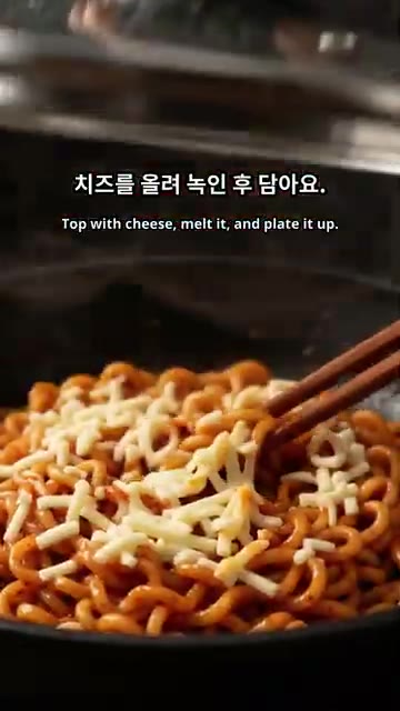 삶은 면에 불닭 소스를 넣고 볶습니다. — 매콤 치즈 불닭볶음면 레시피