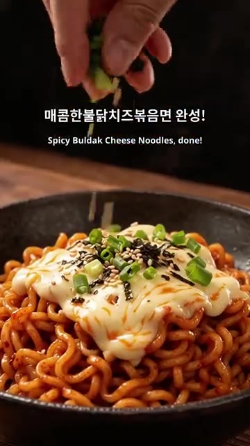 모짜렐라 치즈를 올리고 녹인 후, 대파와 김가루, 깨를 뿌려 완성합니다. — 매콤 치즈 불닭볶음면 레시피