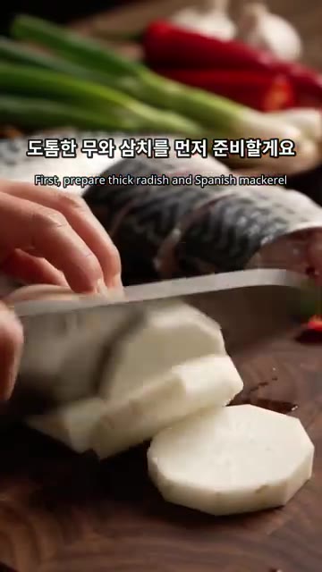 두툼하게 썬 무와 삼치를 준비합니다. — 밥도둑 삼치무조림 만들기