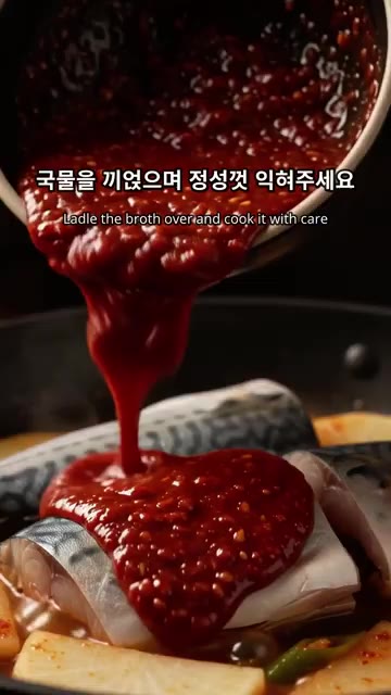 팬에 무를 깔고 삼치를 올린 뒤 매콤한 양념장을 골고루 얹어줍니다. — 밥도둑 삼치무조림 만들기