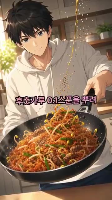 참기름 1큰술, 통깨 1큰술, 후춧가루 0.1큰술을 뿌려 골고루 섞… — 매콤 콩나물 잡채