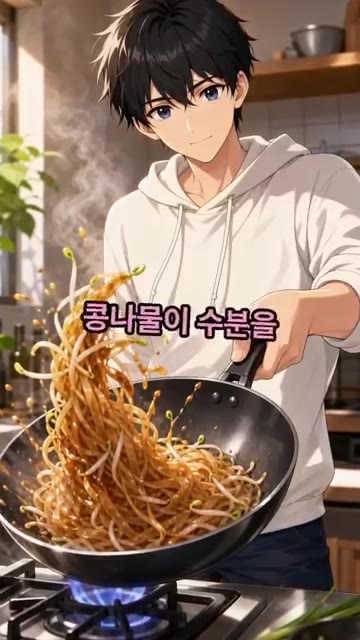 납작당면을 7분간 삶아 탱글하게 준비하고 콩나물이 수분을 내뿜지 않… — 매콤 콩나물 잡채