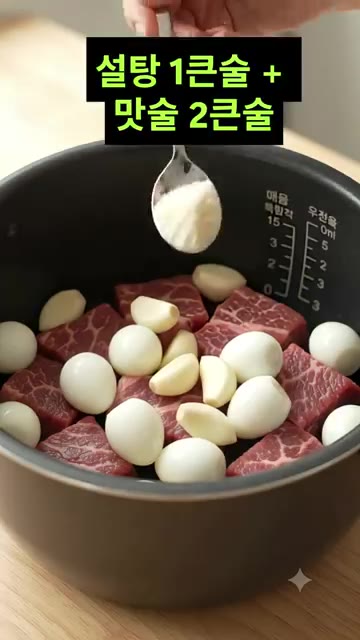 물 400ml, 진간장 6큰술, 설탕 1큰술, 맛술 2큰술을 넣고… — 밥솥 소고기 장조림 만들기