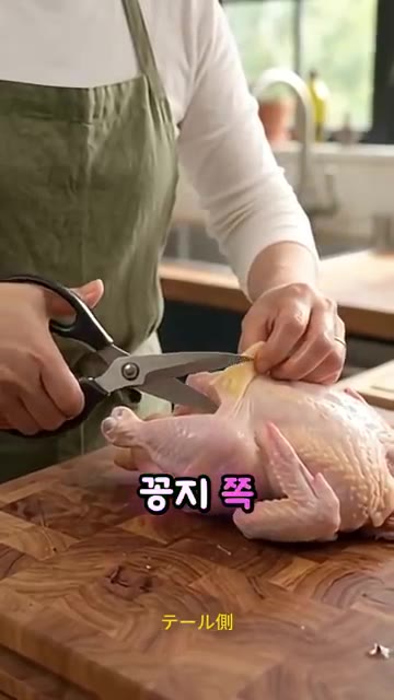 닭의 꽁지 쪽 두툼한 노란 기름 덩어리와 두꺼운 껍질을 가위로 깔끔… — 마장동 정육 명인이 밝힌 닭볶음탕 누린내 싹 잡는 생닭 손질 비법