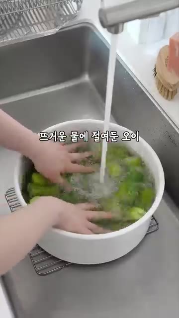 뜨거운 물에 절여둔 오이는 찬물에 헹궈 물기를 잘 털어내주세요. — 사이다처럼 톡쏘는 오이소박이 물김치, 맛있어서 깜짝놀라요!