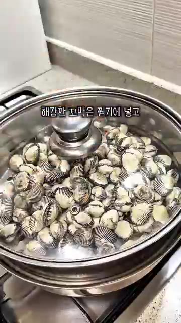 해감한 꼬막을 찜기에 넣고 찝니다. 김이 끓어오르면 불을 끕니다.… — 꼬막 양념 하나씩 올리지 마세요! 훨씬 쉬운 꼬막무침