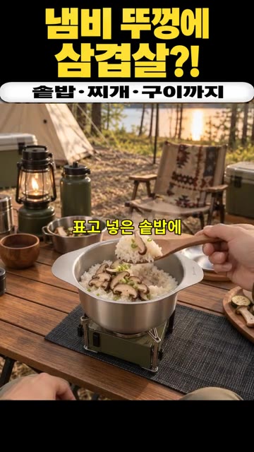냄비에 쌀과 표고버섯을 넣고 밥을 짓는다. — 냄비 뚜껑으로 삼겹살 굽고 솥밥과 된장찌개까지 즐기는 캠핑 한 끼