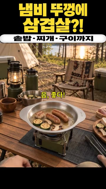잘 구워진 삼겹살과 솥밥, 된장찌개로 캠핑 한 끼를 완성한다. — 냄비 뚜껑으로 삼겹살 굽고 솥밥과 된장찌개까지 즐기는 캠핑 한 끼