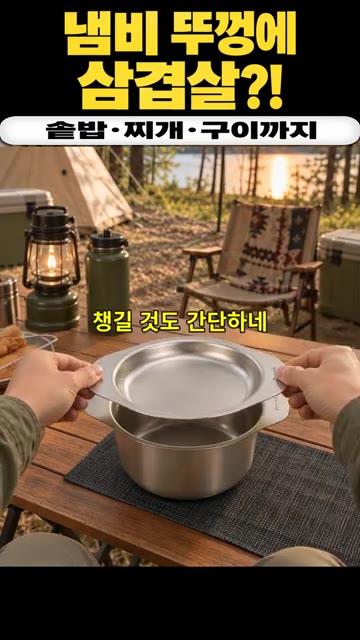 사용한 냄비와 뚜껑을 정리한다. — 냄비 뚜껑으로 삼겹살 굽고 솥밥과 된장찌개까지 즐기는 캠핑 한 끼