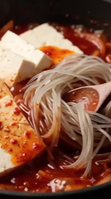 물을 자작하게 붓고 당면을 넣어 끓여줍니다. — 두부두루치기 만들기