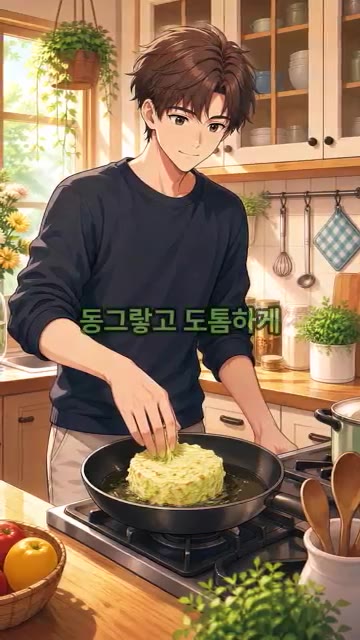 팬에 식용유 1스푼을 두르고 양배추 반죽을 동그랗고 도톰하게 올려줍니다. — 밀가루 없이 만드는 오코노미야끼