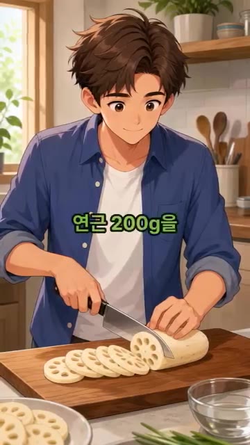 연근 200g을 껍질 벗겨 얇고 일정한 두께로 썰어줍니다. — 아삭아삭 연근 샐러드