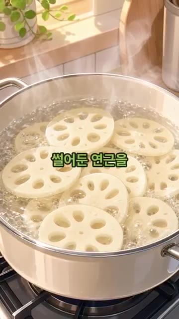 끓는 물에 식초 1스푼을 넣고 썰어둔 연근을 1분간 살짝 데친 뒤… — 아삭아삭 연근 샐러드