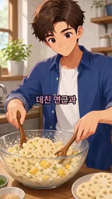 데친 연근과 으깬 계란을 넣고 살살 조물조물 버무려줍니다. — 아삭아삭 연근 샐러드
