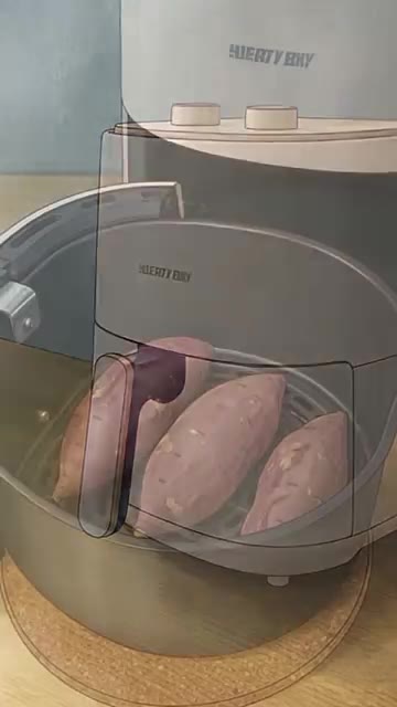 에어프라이어 바스켓에 물을 약간 붓고 밤고구마를 넣는다. — 밤고구마 퍽퍽한 사람, 이거 하나 빼먹었어요