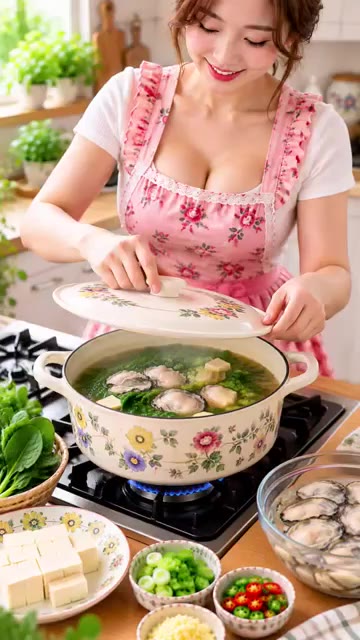 마지막으로 대파와 고추를 넣고 한 번 더 끓여 완성한다. 그릇에 담… — 굴 시금치 된장국