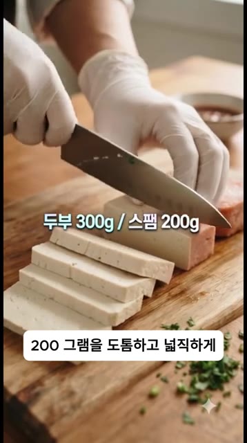 스팸 200g을 두부 300g과 번갈아 두툼하게 쌓아 올린다. — 겉바속촉 끝판왕! 5분 만에 만드는 초간단 스팸두부카츠