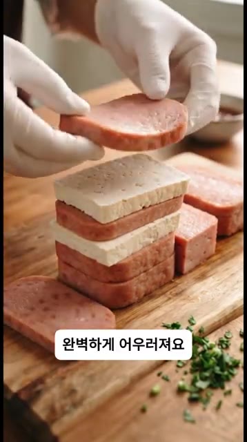 쌓은 스팸과 두부를 튀김가루 50g으로 꼼꼼하게 옷을 입힌다. — 겉바속촉 끝판왕! 5분 만에 만드는 초간단 스팸두부카츠